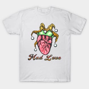 Tattoo of Human Heart with Jester Cap and Wording Mad Love Tattoo drawn in engraving style. T-Shirt